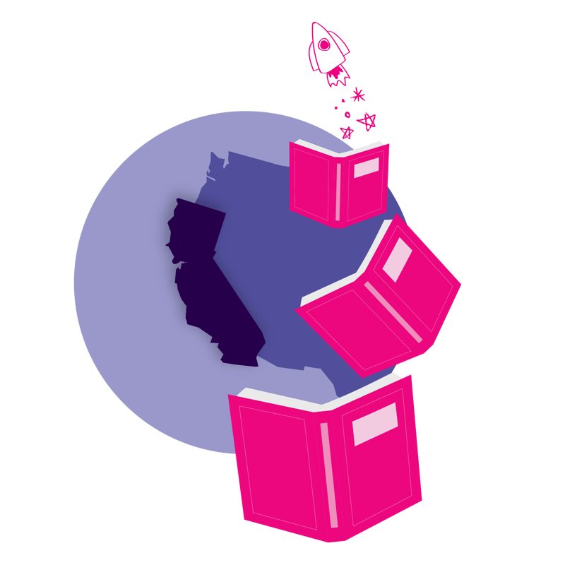 CA state map with three books flying and a rocket coming out the top CA state map with three books flying and a rocket coming out the top